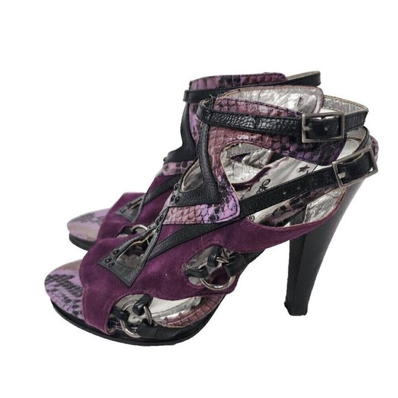 Naughty Monkey Women Lea Heels 7.5 Purple Black Snake Skin Suede Strappy Sandals - Picture 1 of 12